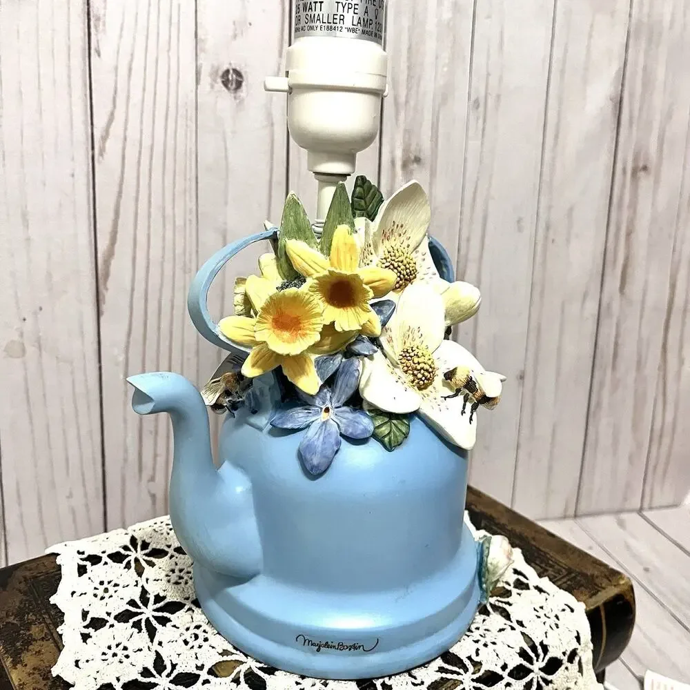 Marjolein Bastin Blue Floral Teapot Table Lamp w Shade, Ceramic Novelty Design